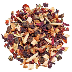 Christmas Delight tea by Ronnefeldt - a festive fruit tea blend with apple, cherry, almond pieces, and blueberries. Contains nuts.