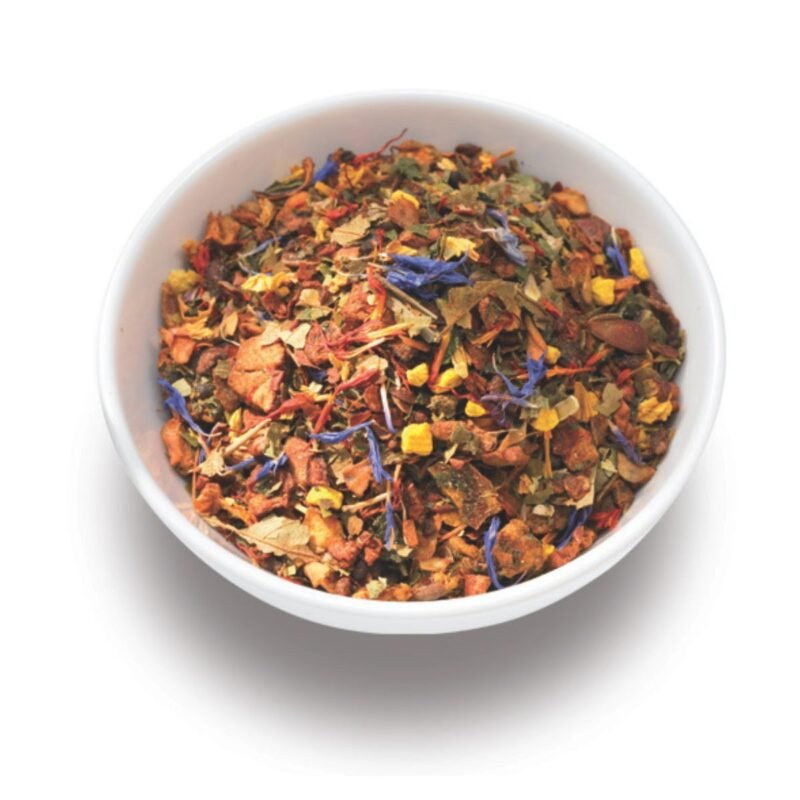 Light & Fit tea by Ronnefeldt - a wellness tea blend with apple pieces, maté, sweet blackberry leaves, and a colourful mix of flowers.