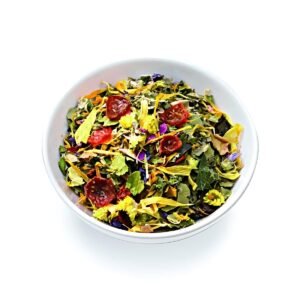 Morning Star tea by Ronnefeldt - a wellness tea blend with rose hip peel, peppermint, blackberry, raspberry leaves, and rose petals.