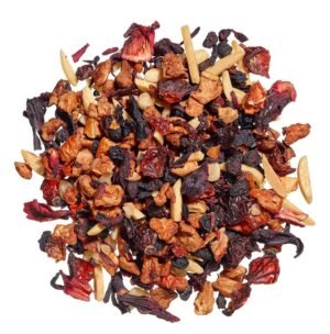 Tipsy Marzipan tea by Ronnefeldt - a fruit infusion with apple, pineapple, almond pieces, and cherries. Contains nuts.